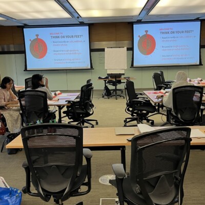 Conference tables all set up for the session